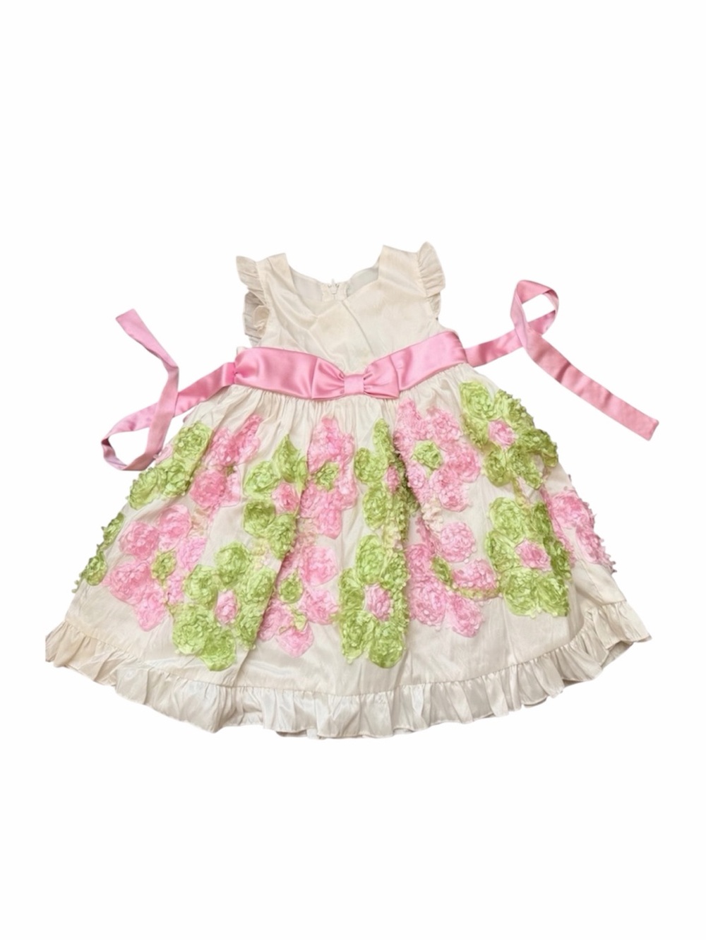 Rare Editions Ivory Dress with Pink & Green Dimensional Florals - 24M